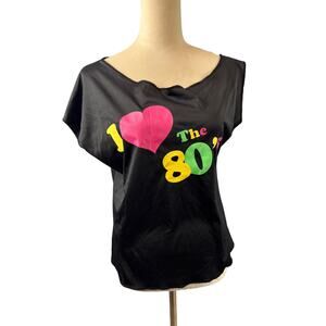 Womens 80s I Love Heart Graphic Off Shoulder Vibrant Bold Slouch Top Large Retro